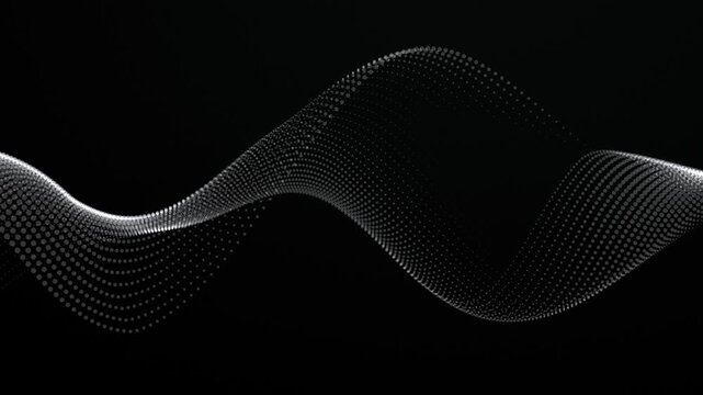 White wave on a blank background. Looping vector wave of white dots. Smooth waves, flowing graphic shapes. Digital monochrome, black background. Illustration with smoke. Smooth water surface. 