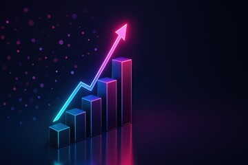 Rising 3D business chart with glowing bokeh lines on dark futuristic analytics stage