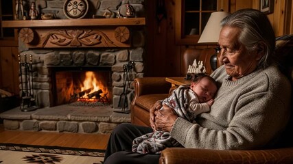 Elderly Indigenous man gently holds a sleeping newborn baby by a warm stone fireplace in a cozy home setting - Powered by Adobe