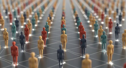 A network of interconnected human figures, representing a complex system of communication, connection, and data flow in a digital world