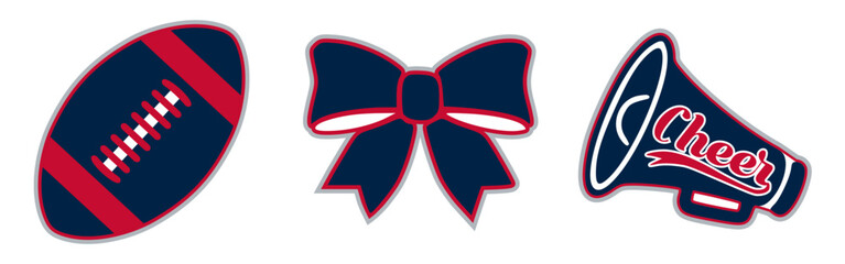 Patriots Cheerleader Items. Football Cheerleading Megaphone and Bow Illustration.