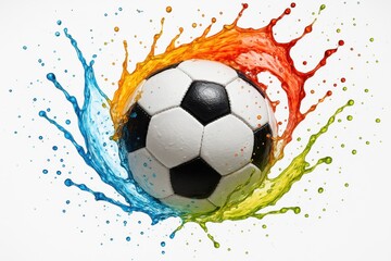 Naklejka premium Soccer ball bursting through vibrant paint water splashes on bright white dynamic motion
