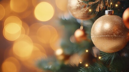 Golden christmas bauble hanging on a decorated tree