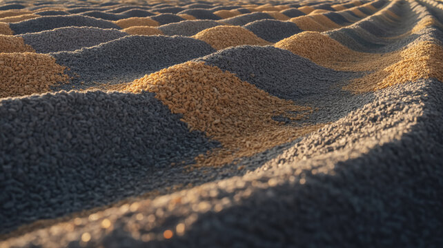A high-resolution close-up macro photograph of industrial mineral piles arranged in a perfect diagonal composition, featuring alternating rows of dark grey and golden-brown textured granules. - Powered by Adobe