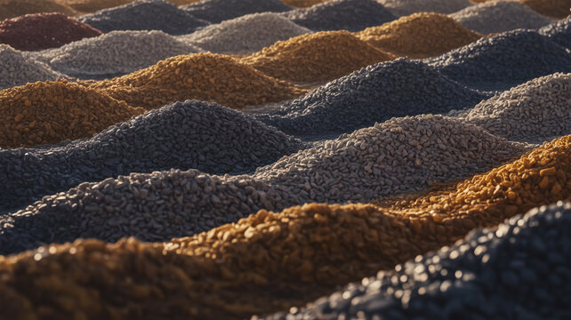 A high-resolution close-up macro photograph of industrial mineral piles arranged in a perfect diagonal composition, featuring alternating rows of dark grey and golden-brown textured granules.
