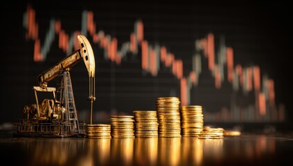Oil Pumpjack and Stacked Coins with Financial Chart in the