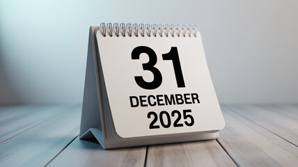 A minimalist desktop calendar showing 31 December 2025 in black text on white pages. 