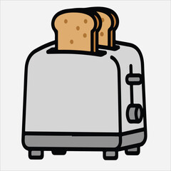 A gray toaster with two slices of bread inside on a plain white background in a flat illustration style.