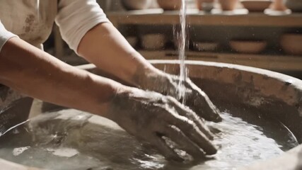 Potters Hands Shaping Clay on Wheel - A Craftsmanship Demonstration.