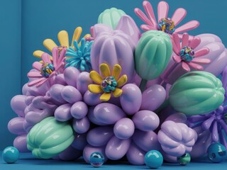 Colorful 3d render of flowers and succulent plants on a blue background