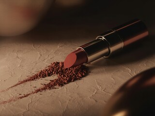 Elegant red lipstick and scattered pigment on textured surface