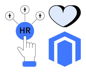 Hand pointing to HR icon with connected people, heart representing care, and hexagonal badge for structure. Ideal for human resources, recruitment, teamwork, strategy, care, organization management