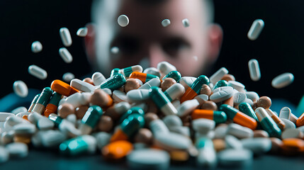 Man sits behind large pile of colorful pills and medications, creating striking visual of abundance and complexity