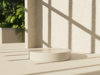 Minimalist product display pedestal bathed in soft sunlight and shadow patterns