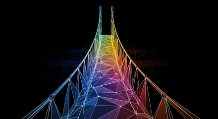 Futuristic Geometric Bridge Structure Illuminated by Rainbow Spectrum Light on Black Background