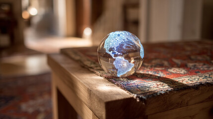 Holographic globe hovering over a table corner, representing global connectivity, digital networks, communication, and modern technology in a futuristic workspace.