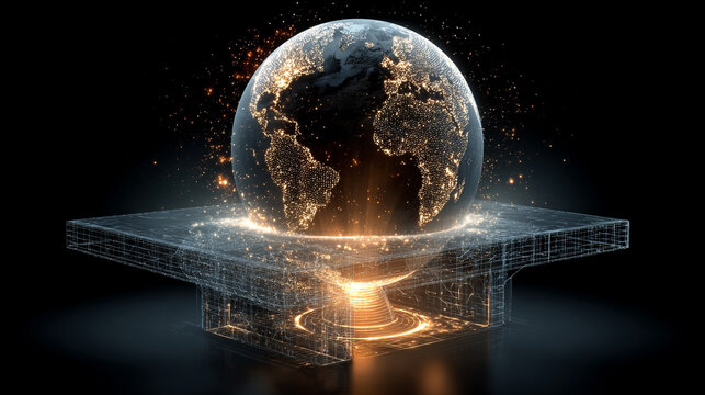 Holographic globe hovering over a table corner, representing global connectivity, digital networks, communication, and modern technology in a futuristic workspace. - Powered by Adobe