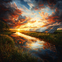 Stunning landscape featuring solar panels reflecting vibrant colors of sunset over serene waterway, surrounded by lush greenery