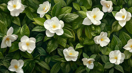 Beautiful arrangement of white gardenias surrounded by lush green leaves creates serene and elegant atmosphere. delicate petals and vibrant