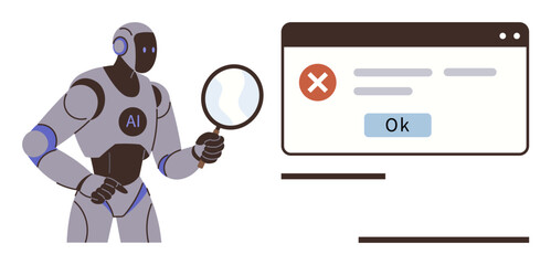 AI robot holding magnifying glass next to browser window displaying error message and OK button. Ideal for technology, artificial intelligence, problem-solving, error analysis, robotics, innovation
