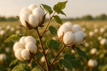 White cotton bolls opening on green stems in sustainable field under soft sunlight
