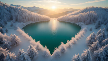 Heart-shaped lake surrounded by snow-covered trees winter landscape with a bright sun scenic nature background