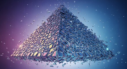 Geometric Crystal Pyramid Shattering into Sparkling Fragments on a Luminous Gradient Background
