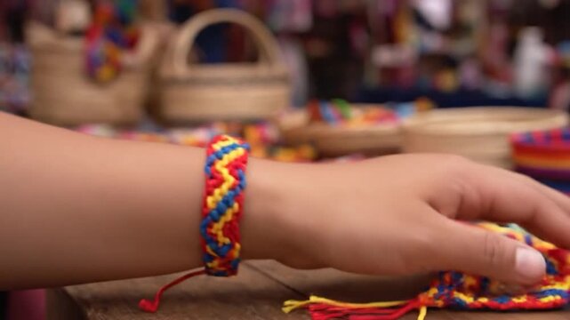 A hand displays vibrant, braided string bracelets in red, yellow, and blue colors, with artisan feel