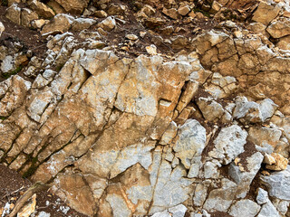 Detailed close-up of a limestone rock face with visible cracks, weathering, and warm earthy hues. Ideal for backgrounds, geology, or nature-themed projects.
