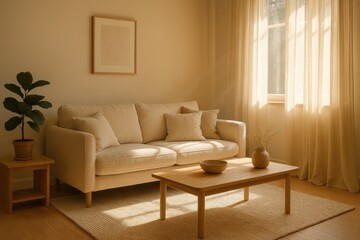 Fototapeta premium Serene living room with linen sofa natural wood accents and soft morning sunlight streaming