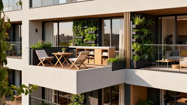 Medium shot focusing on innovative balcony designs that maximize personal outdoor space in dense urban buildings.
