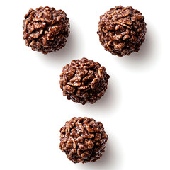 Chocolate cereal balls are arranged white background, showcasing their round shape and textured surface, evoking sense of indulgence and delight