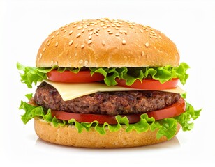 Delicious Homemade Hamburger with Fresh Toppings on a White Background