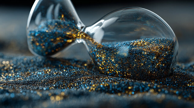 Hourglass with stars flowing instead of sand, symbolizing cosmic time, infinite possibilities, and the universe's rhythm in a mystical, celestial concept.