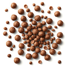 Chocolate cereal balls scattered on white background create delightful and tempting visual treat