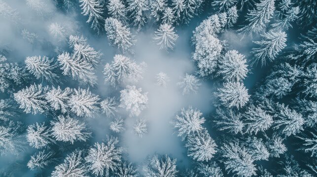 Aerial top down view of snow covered pine trees in a foggy forest