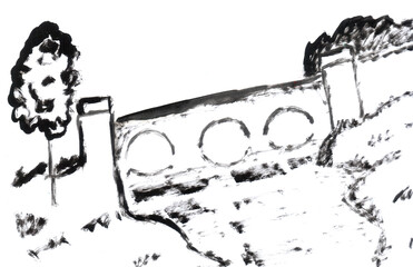 Black and white landscape with a bridge and a river. Art, painting. Encaustic, art decoration, sketch. Illustration hand drawn modern, hot wax new