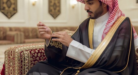 Man in traditional attire adjusting his watch indoors, elegant setting.