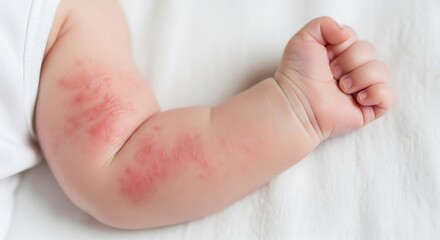 Closeup of a babys arm with eczema, showcasing the skin condition on white background, raising awareness about infant skin health and care