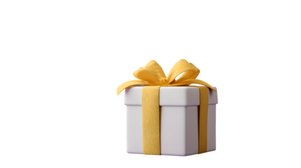 Cheerful holiday giveaway concept featuring white gift box with yellow bow and hanging stars on vibrant purple background isolated on white background