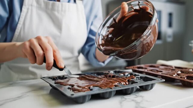 Professional chocolatier pouring melted chocolate into molds for artisanal confections.