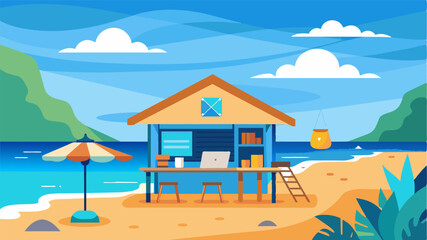 A cozy beach cottage with a makeshift office set up on the veranda overlooking a serene blue ocean and a vibrant bustling village below.. Vector illustration