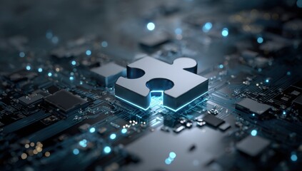 A glowing puzzle piece rests on a circuit board, symbolizing integration and technological innovation, with bright light effects and a blurred .
