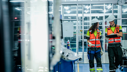 A male and female engineer in hard hats and safety vests use a tablet. They are collaborating in a modern, high-tech smart factory or cleanroom.