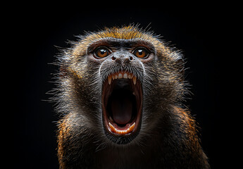 Excited monkey with wide open mouth, showcasing fierce expression and sharp teeth, set against dark background