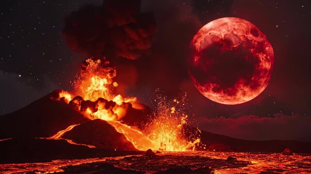 Volcano eruption with a red moon and lava flow at night