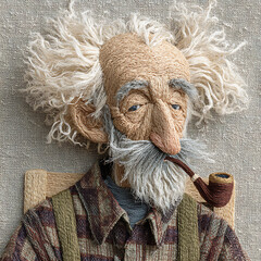 Embroidered Elderly Man with Pipe Textile Art