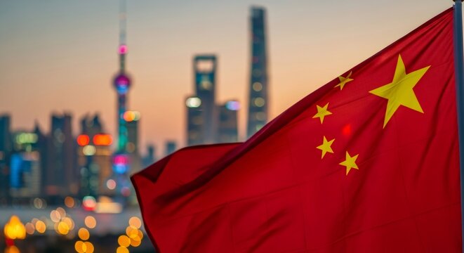 Chinese flag waving on pole with defocused modern city skyline at dusk. National symbol of China, patriotic banner. - Powered by Adobe