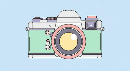 Stylized retro analog camera illustration in charming pastel colors, capturing the essence of vintage photography and creative memory-making with a minimalist flat design aesthetic