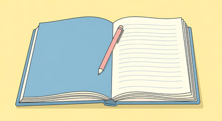 Open Notebook with Pen on a Yellow Background, Illustrative View for Education or Writing